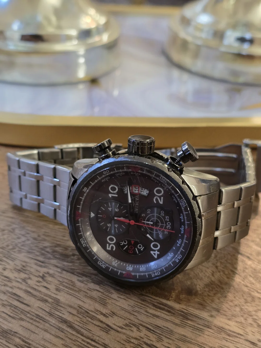 Invicta Men’s Black Chronograph Stainless Steel Watch Crown Damaged